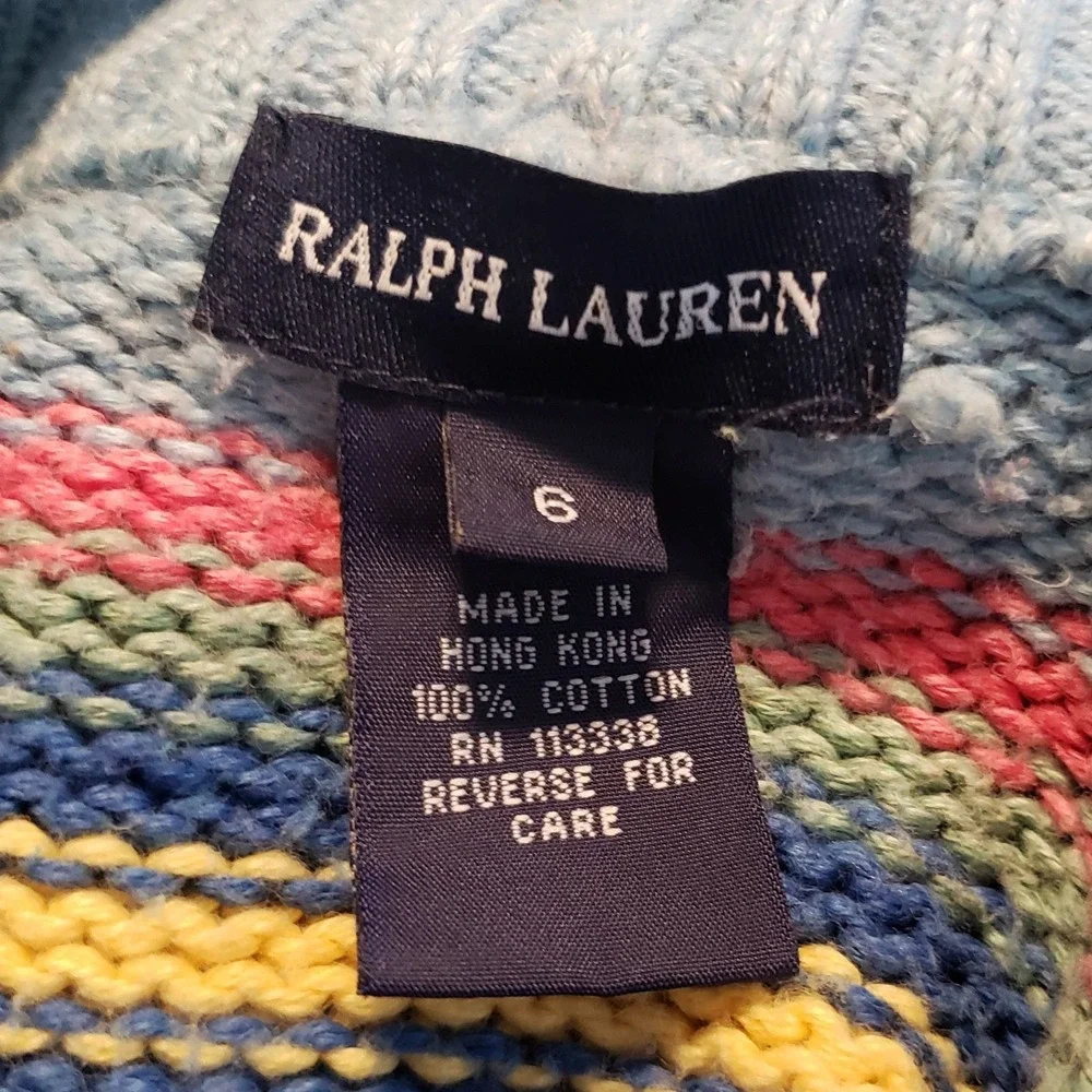 Vintage Ralph Lauren Girls Striped Cardigan Sweater SIZE 6 Zip Pink Pony Preppy